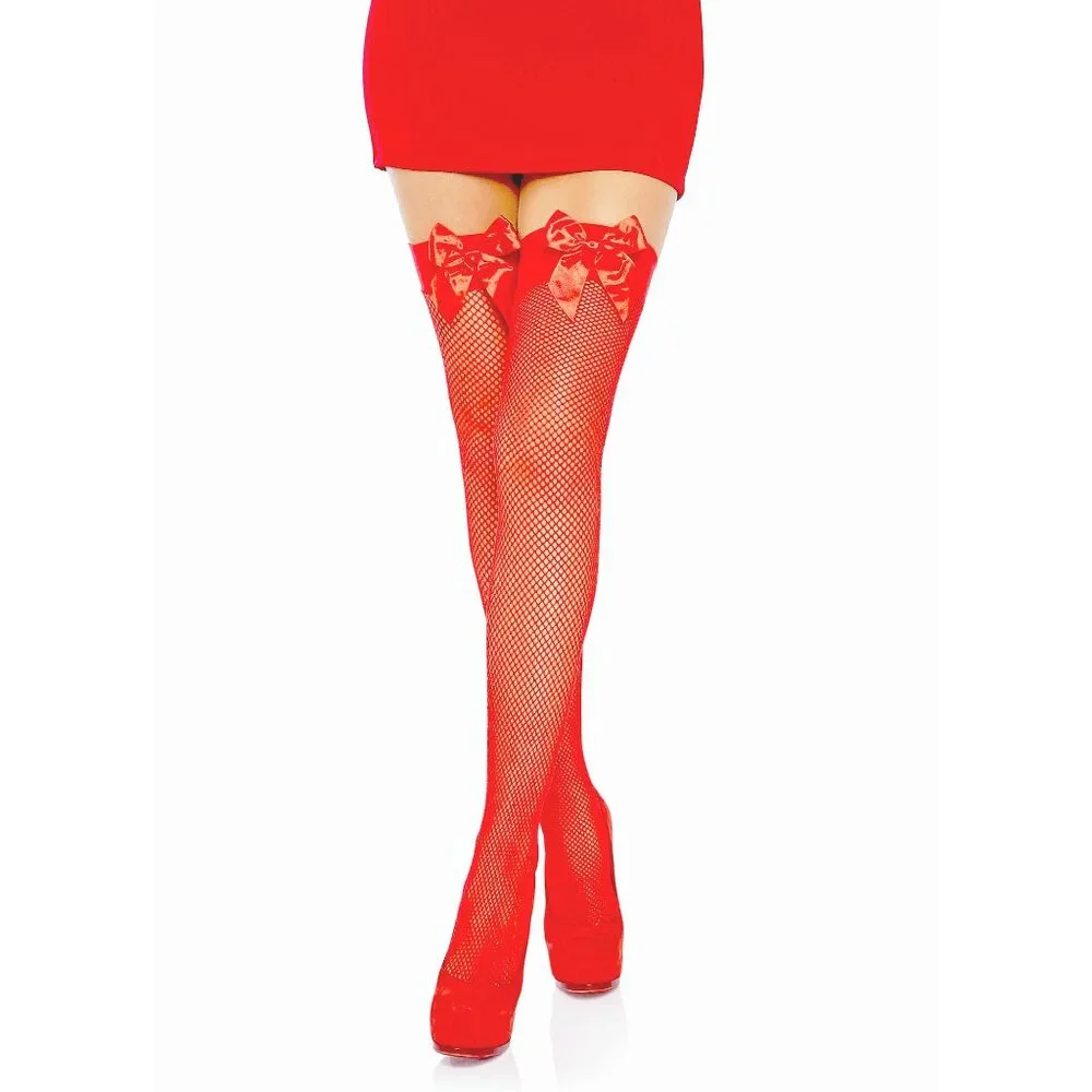 Classic Red Fishnet Thigh Highs Womens One Size OS with Satin Bow